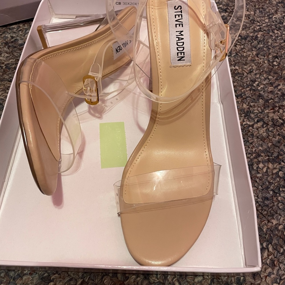 Tan clear ankle strap heel with gold buckle